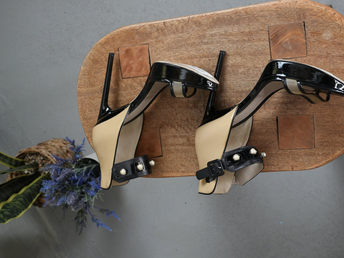 Jason Wu Platform Stiletto Sandals Womens Size 6.5 Beige Black Vintage Y2K