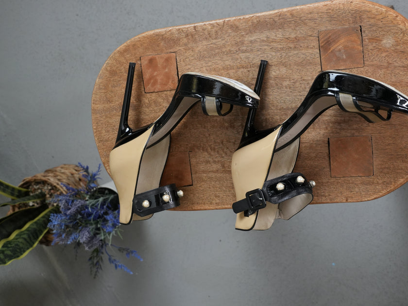 Jason Wu Platform Stiletto Sandals Womens Size 6.5 Beige Black Vintage Y2K