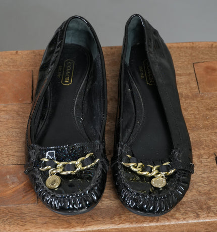 Coach Ballet Flats Women Size 8 Black Patent Glitter Chain Accent Vintage Y2K