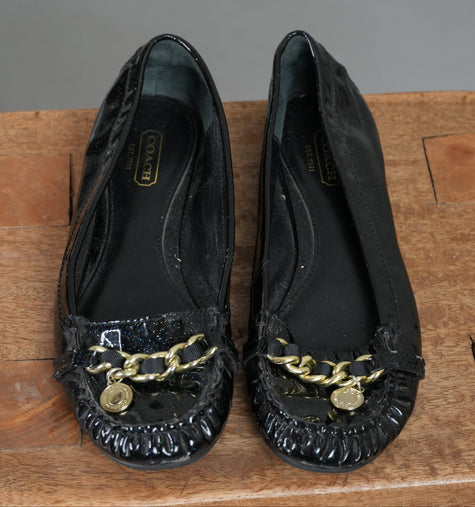 Coach Ballet Flats Women Size 8 Black Patent Glitter Chain Accent Vintage Y2K
