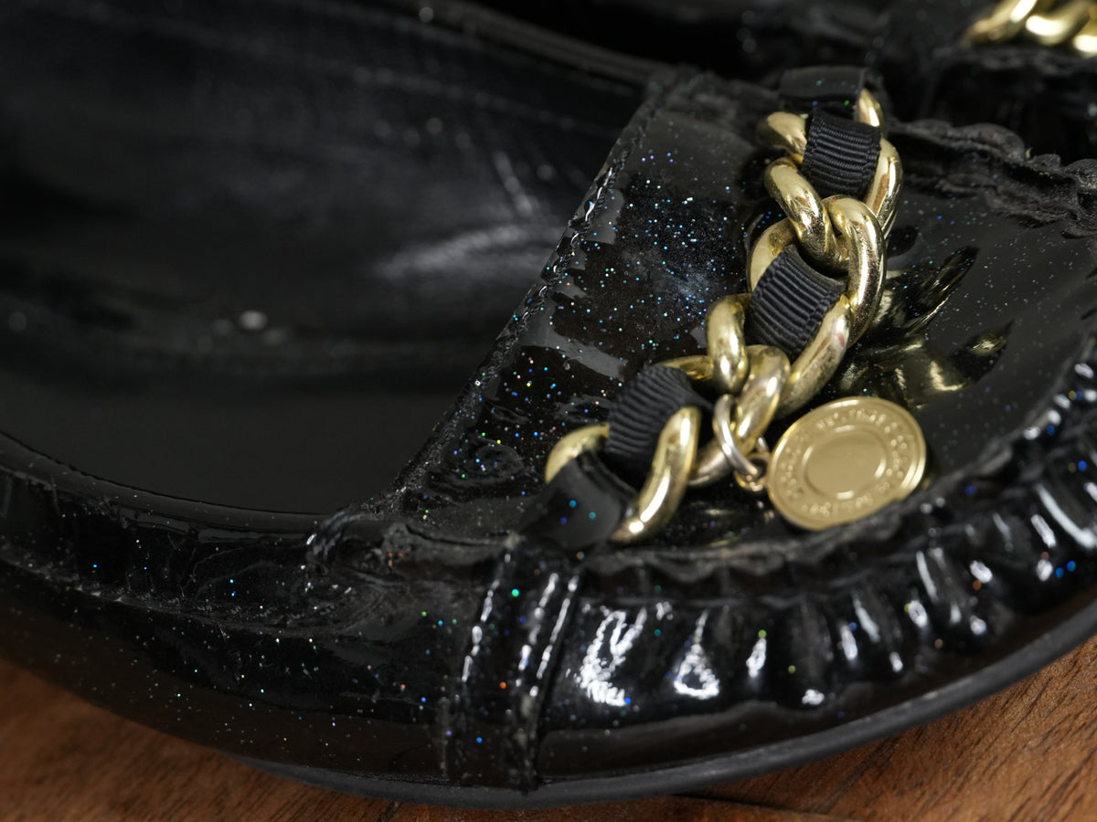 Coach Ballet Flats Women Size 8 Black Patent Glitter Chain Accent Vintage Y2K