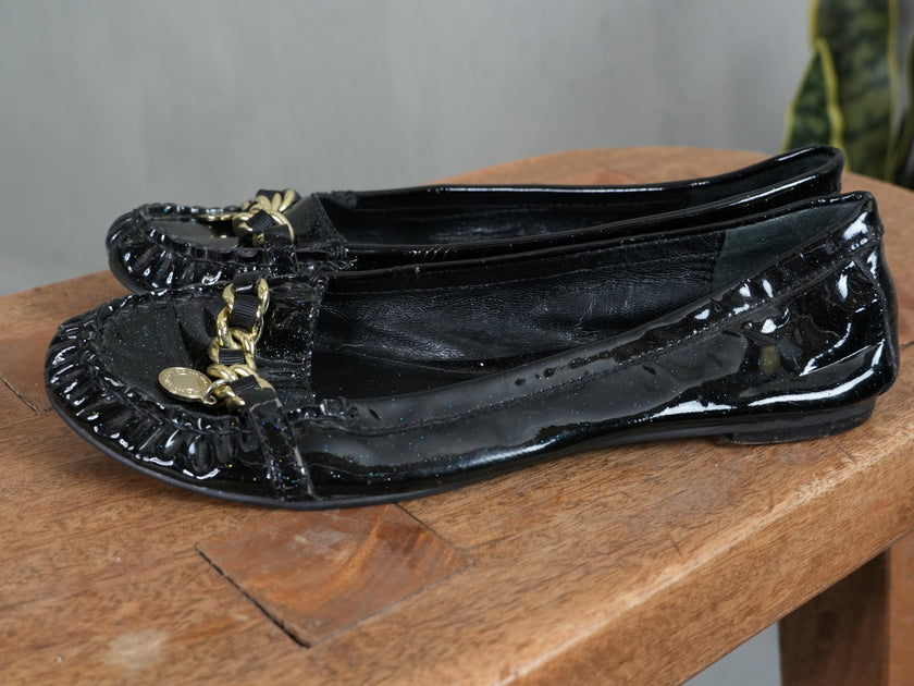 Coach Ballet Flats Women Size 8 Black Patent Glitter Chain Accent Vintage Y2K