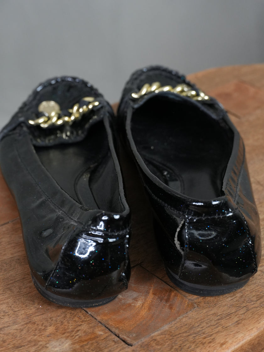 Coach Ballet Flats Women Size 8 Black Patent Glitter Chain Accent Vintage Y2K
