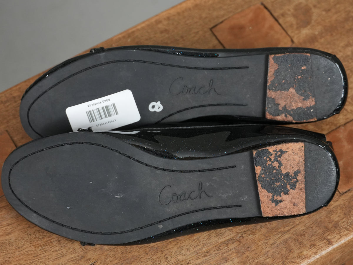 Coach Ballet Flats Women Size 8 Black Patent Glitter Chain Accent Vintage Y2K