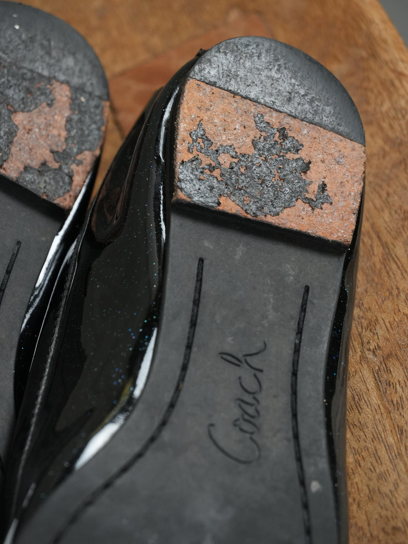 Coach Ballet Flats Women Size 8 Black Patent Glitter Chain Accent Vintage Y2K