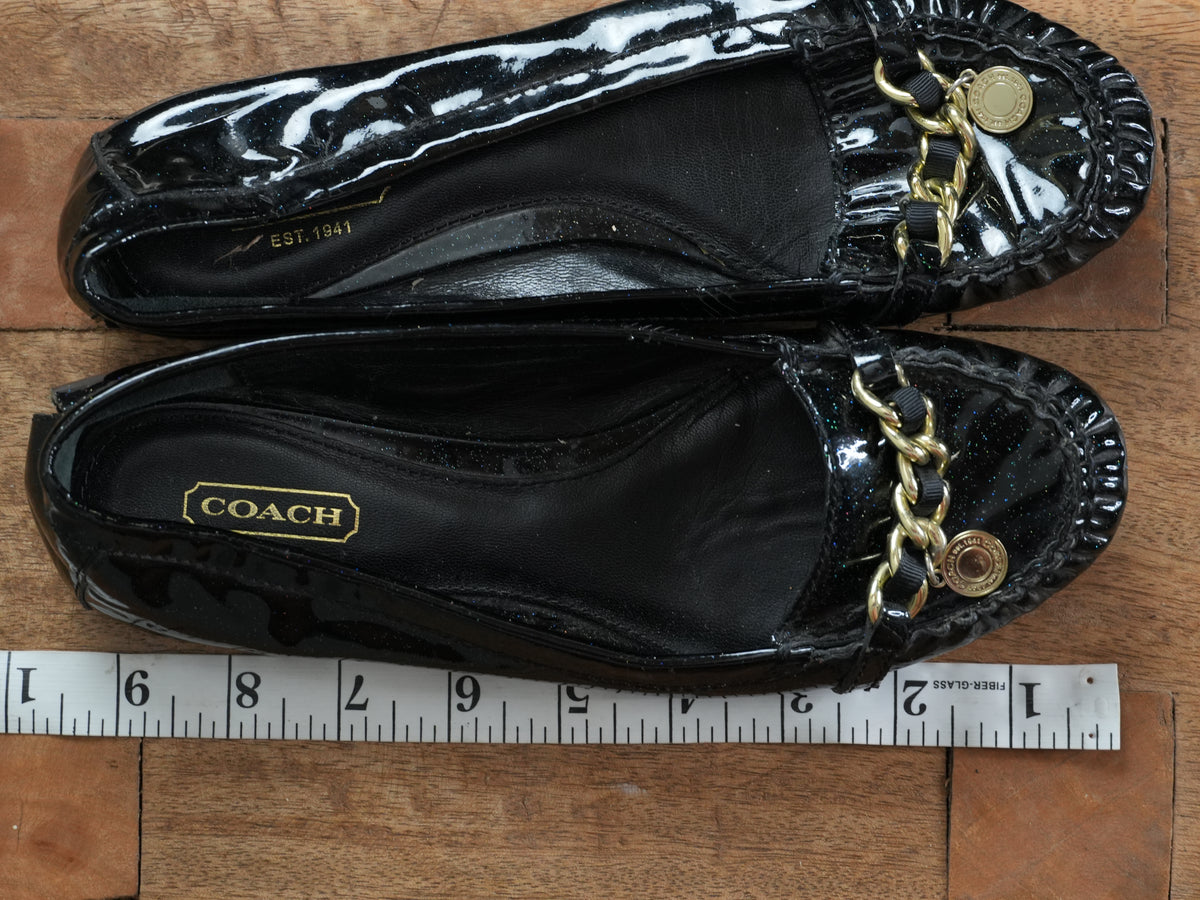 Coach Ballet Flats Women Size 8 Black Patent Glitter Chain Accent Vintage Y2K