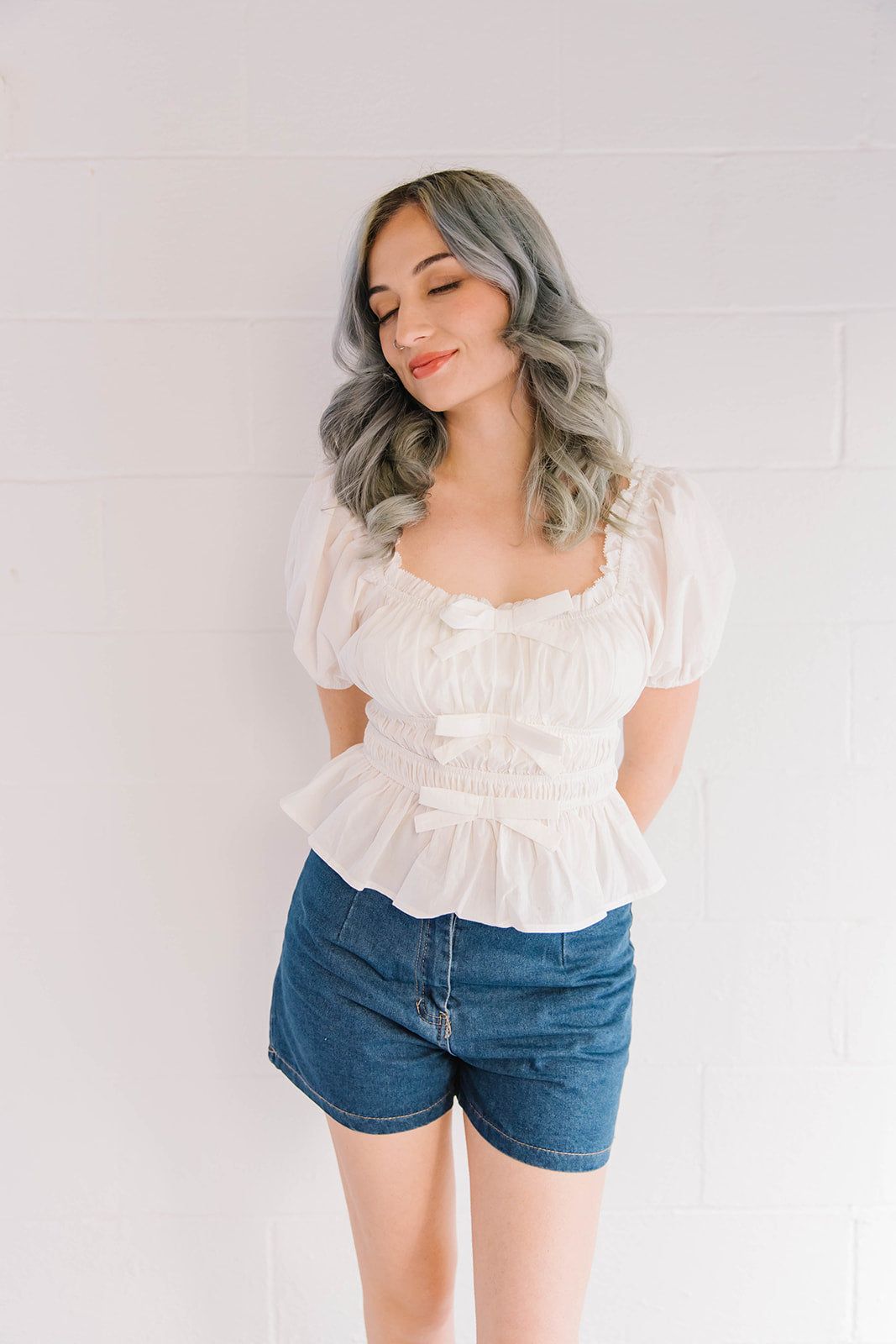 White Puff Sleeve Tunic with Ruffle Trim and Bow Details