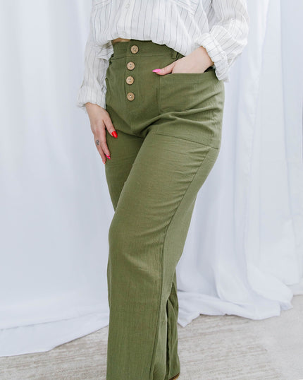 Green Button Front Casual Pants