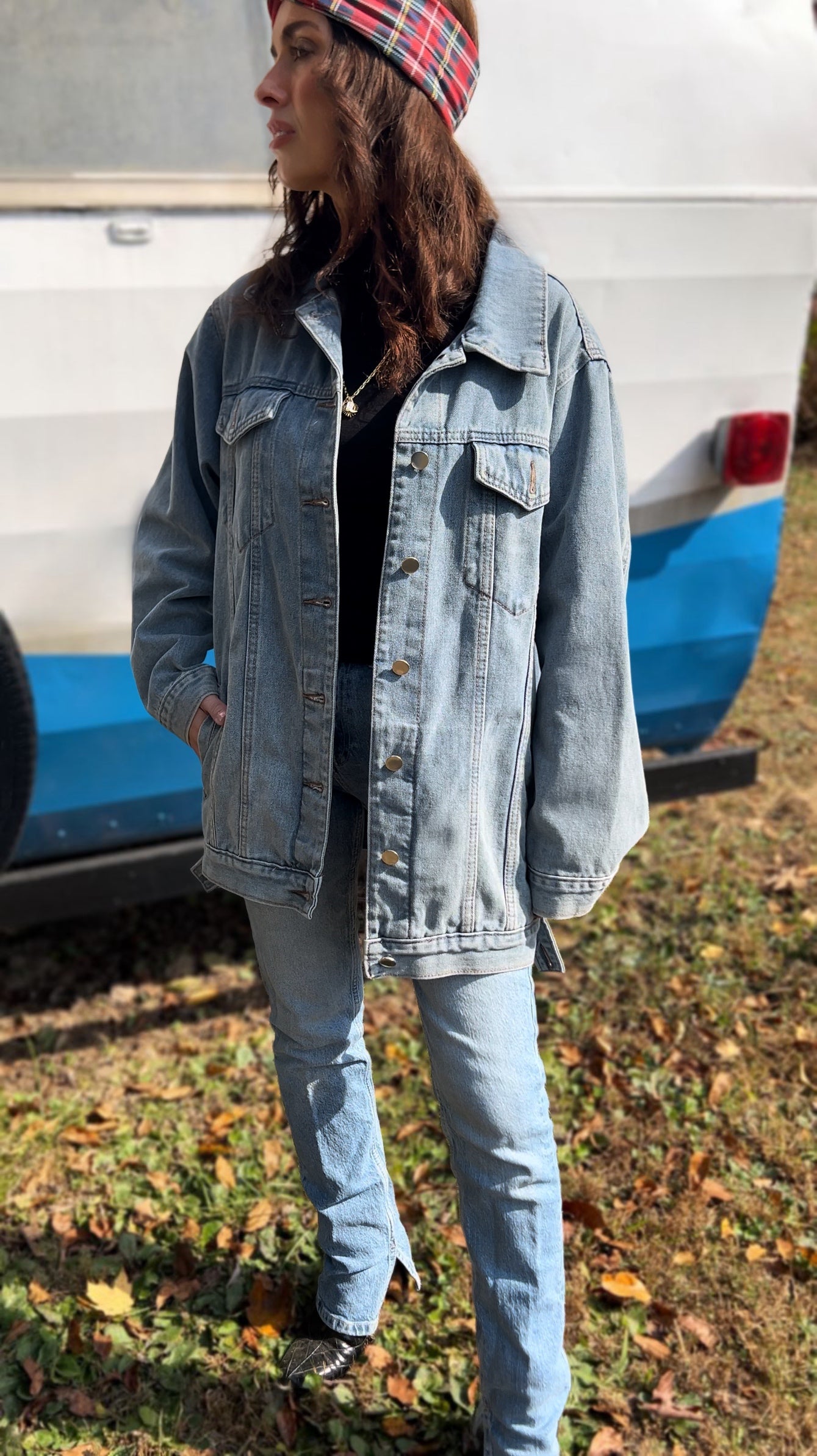 Buttoned Collared Neck Denim Jacket with Pockets (In-Store)