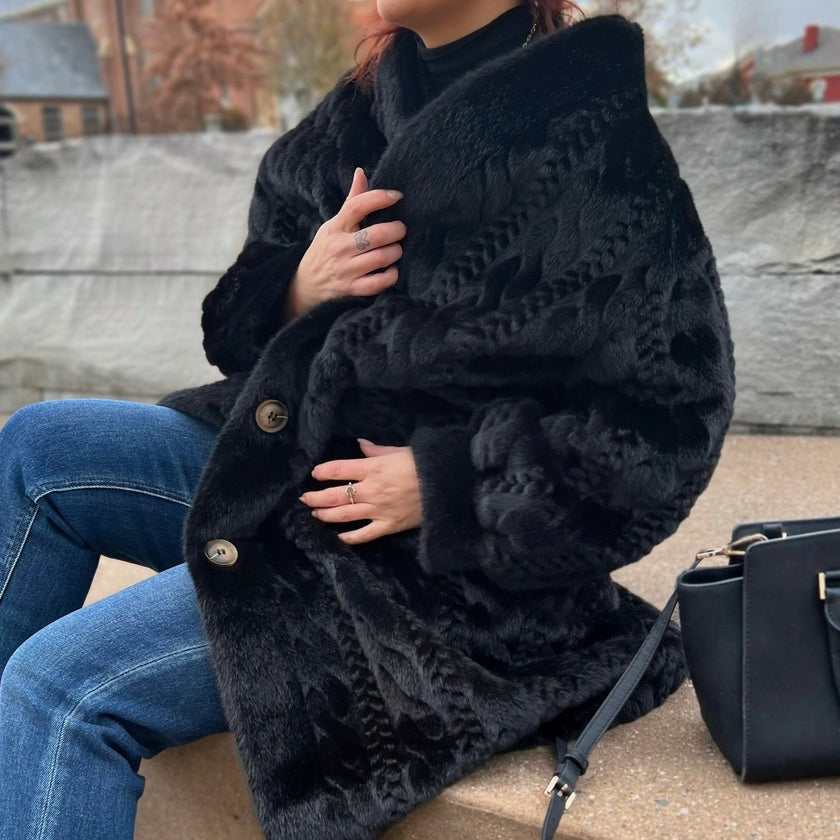 Black Embossed Single Breasted Fur Coat