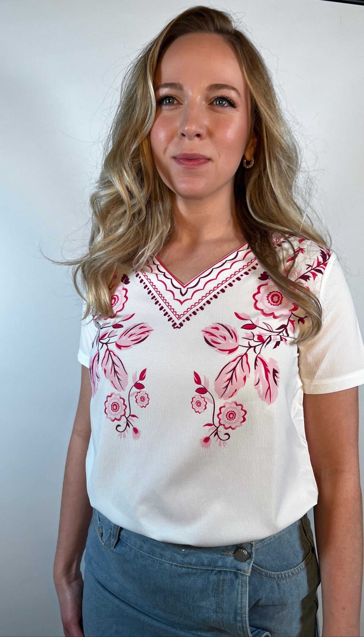 Floral Embroidery V-Neck Top