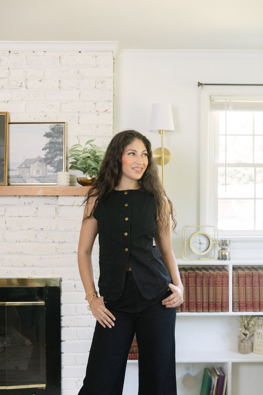 Sleeveless Denim Vest & Wide-Leg Pant Set in Black