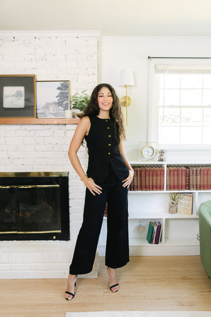 Sleeveless Denim Vest & Wide-Leg Pant Set in Black