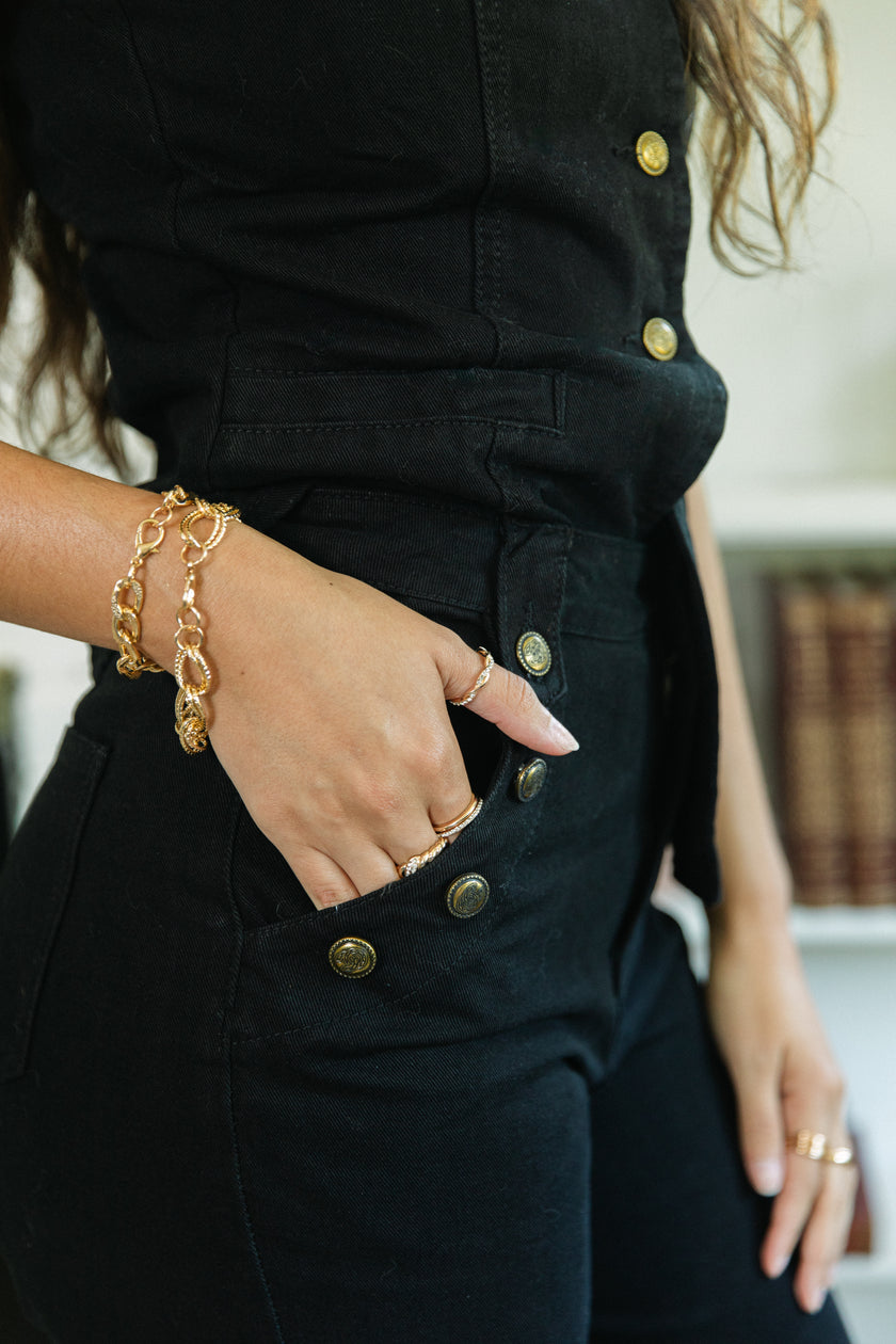 Sleeveless Denim Vest & Wide-Leg Pant Set in Black