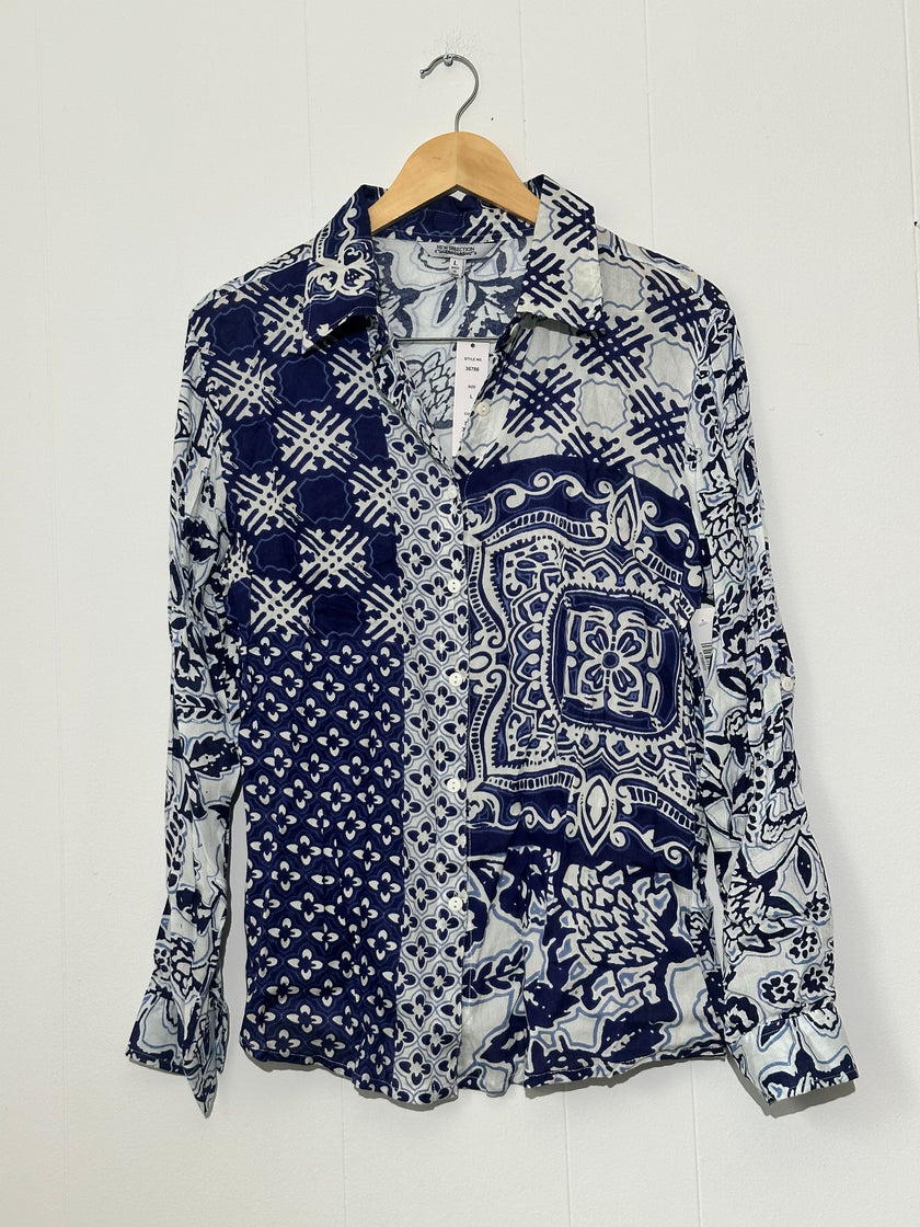 New Direction Blue and White Long Sleeve Blouse size Large