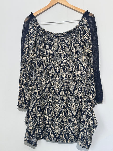 Urban Mangos Blue and Cream Paisley Peasant top- Off The Shoulder, Lace Sleeves Medium