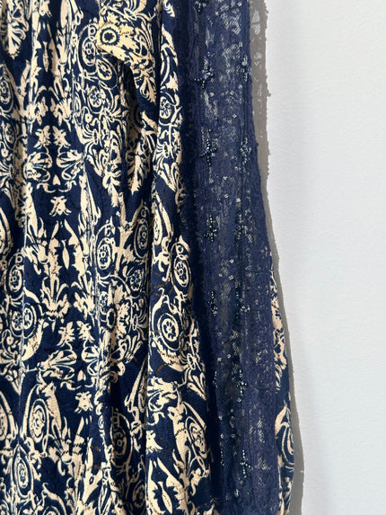 Urban Mangos Blue and Cream Paisley Peasant top- Off The Shoulder, Lace Sleeves Medium