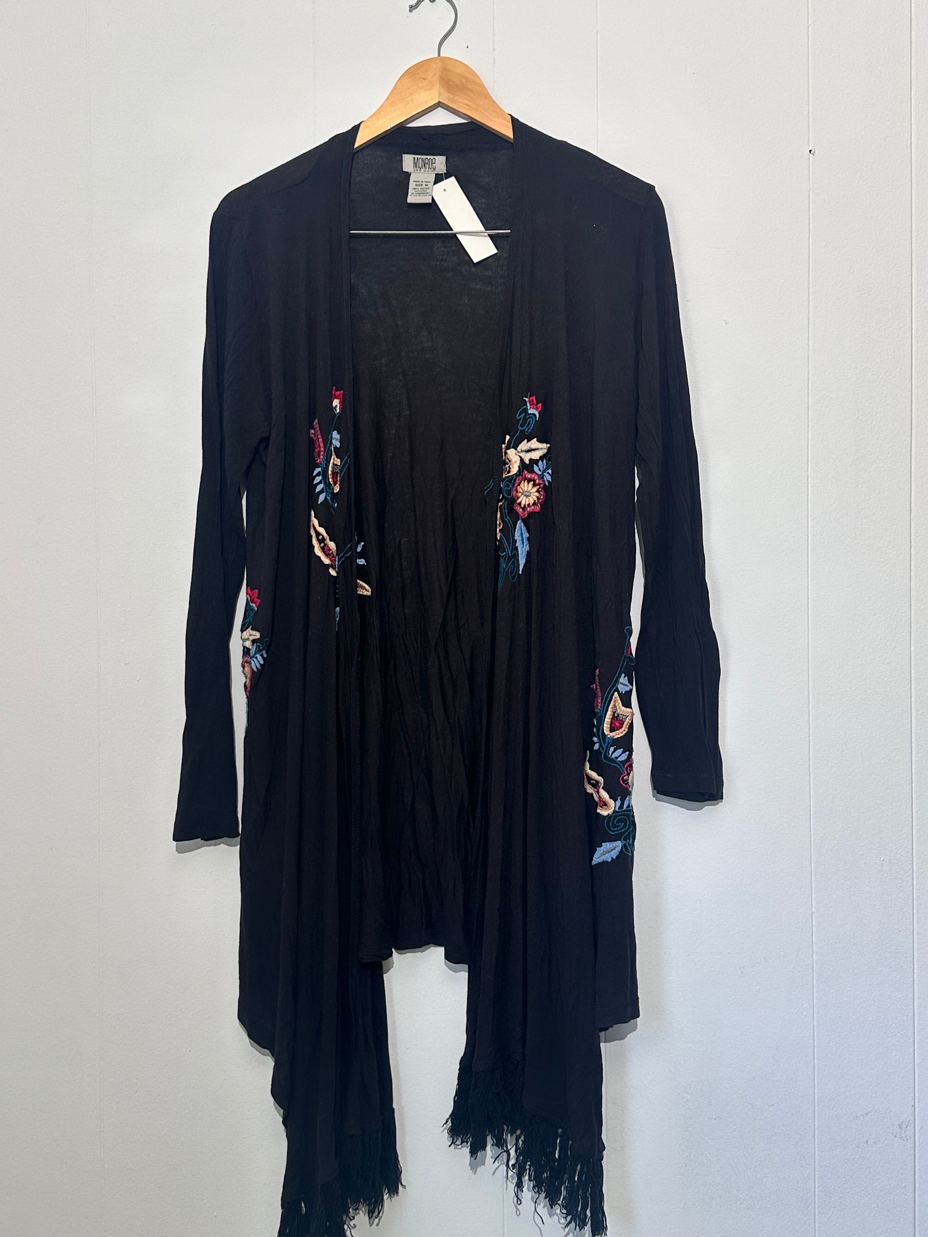 Monroe & Main Black Lightweight cardigan with Floral & Fringe detail medium