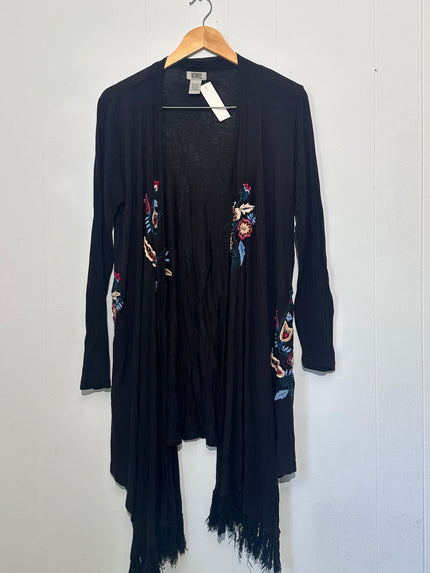 Monroe & Main Black Lightweight cardigan with Floral & Fringe detail medium