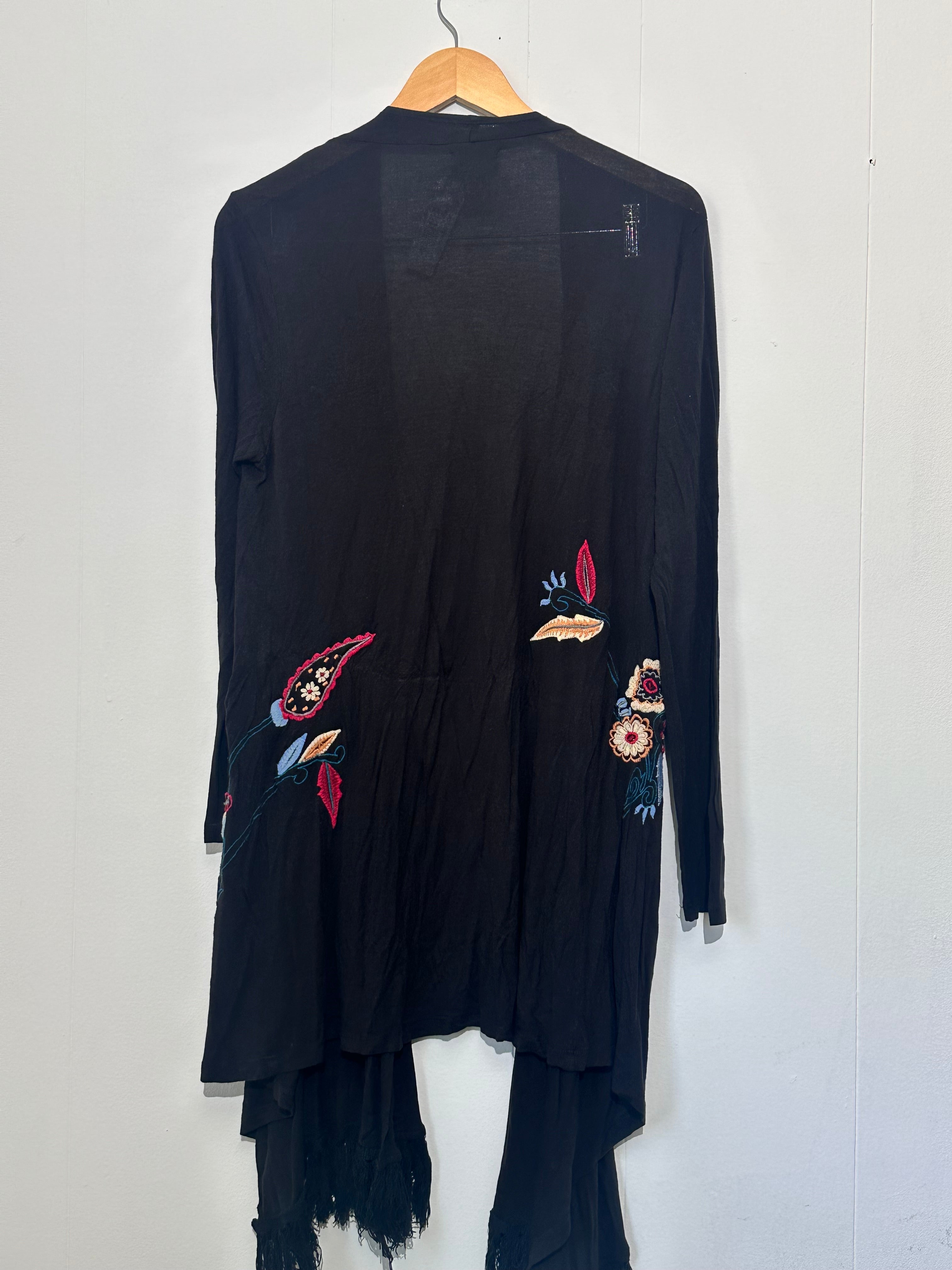 Monroe & Main Black Lightweight cardigan with Floral & Fringe detail medium