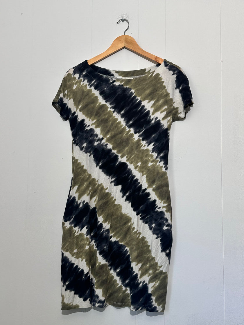 Cato Olive & Navy Brushstroke print Short Sleeve T-shirt dress XS