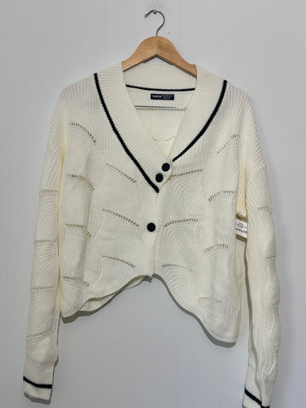 SHEIN Cream Cropped Cardigan Black Trim Large