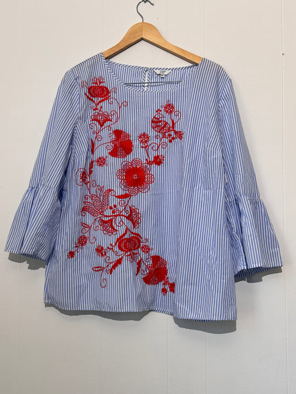 Crown & IVY Embroidered Floral Striped Blouse with Bell sleeves XL