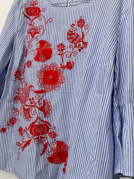 Crown & IVY Embroidered Floral Striped Blouse with Bell sleeves XL