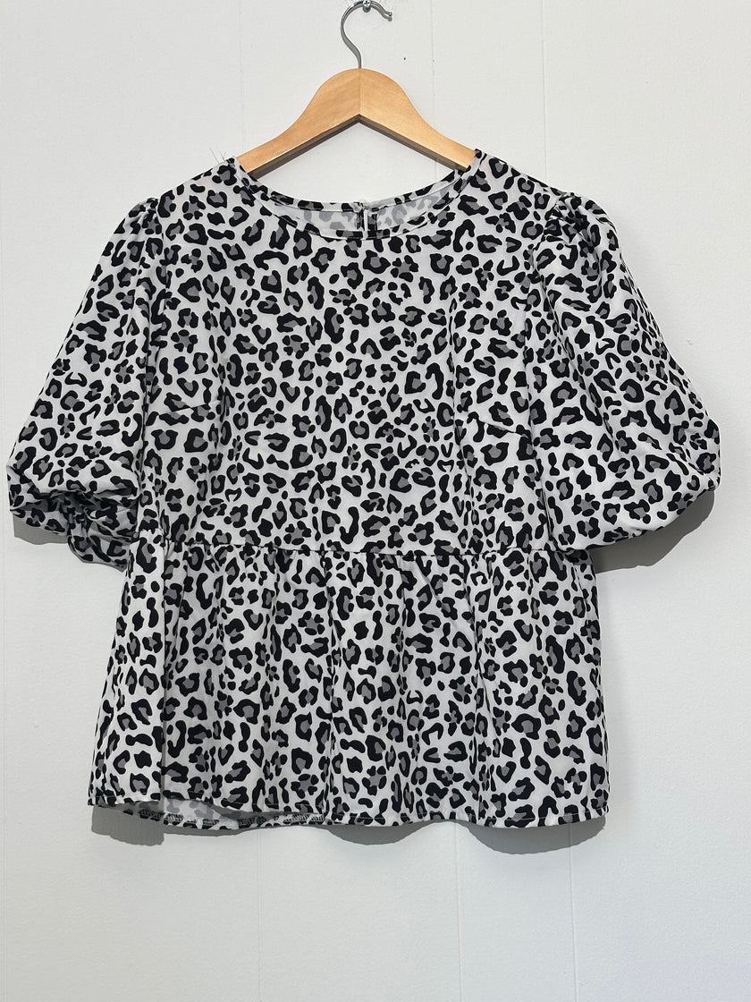 Leopard Print Peplum Blouse with Puff Sleeves Shein Size Large