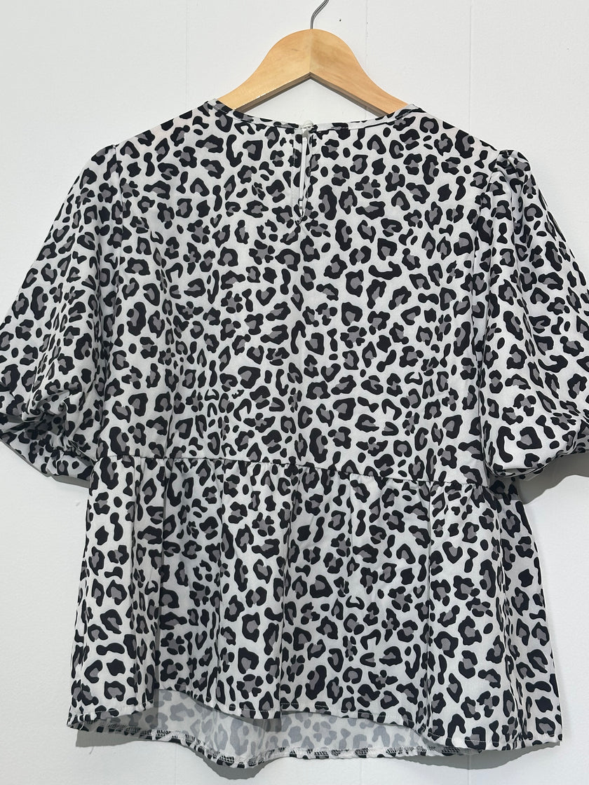 Leopard Print Peplum Blouse with Puff Sleeves Shein Size Large