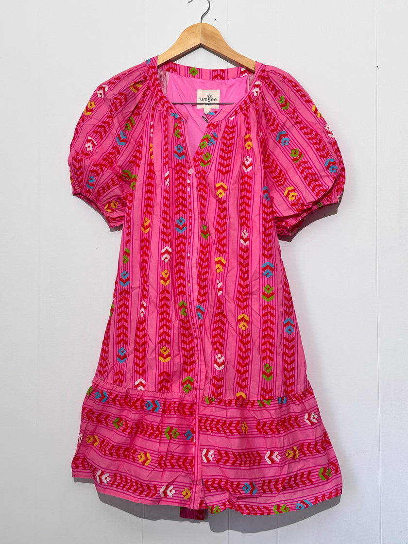 Umgee Pink Printed Puff Sleeve Mini Dress large