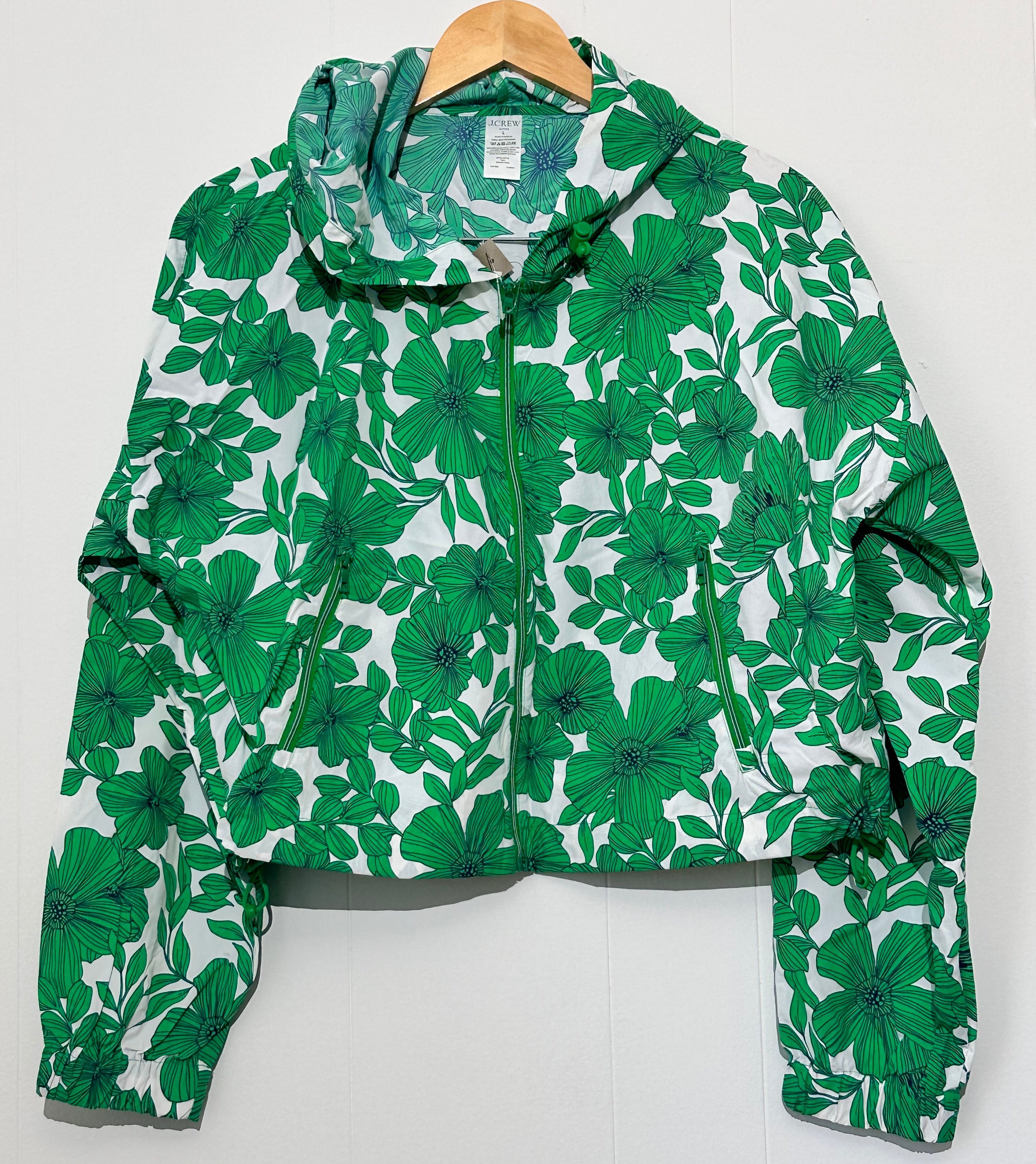 J. Crew Green & White floral Hooded Jacket Large (NWT)