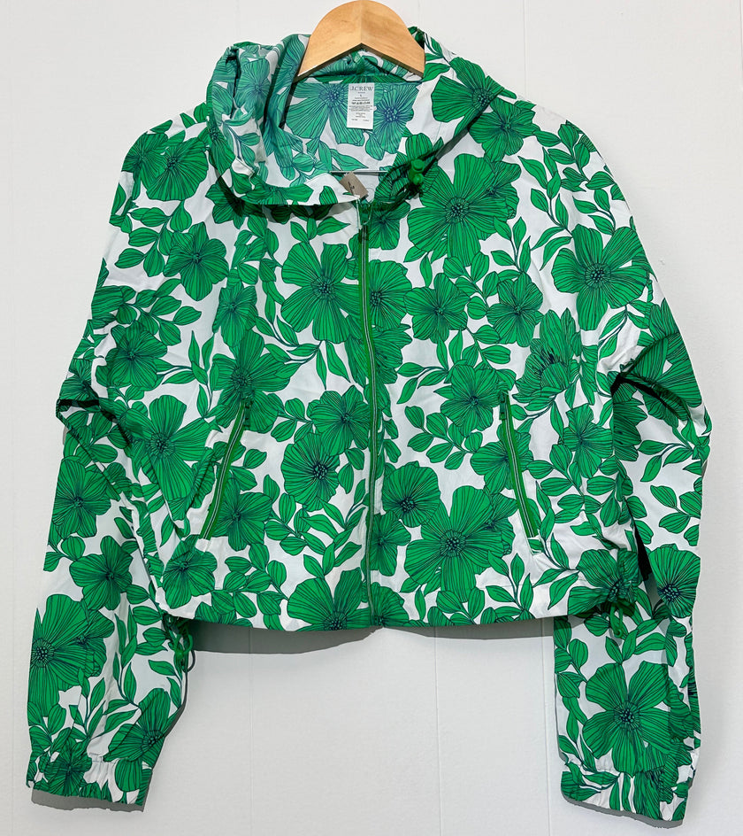 J. Crew Green & White floral Hooded Jacket Large (NWT)