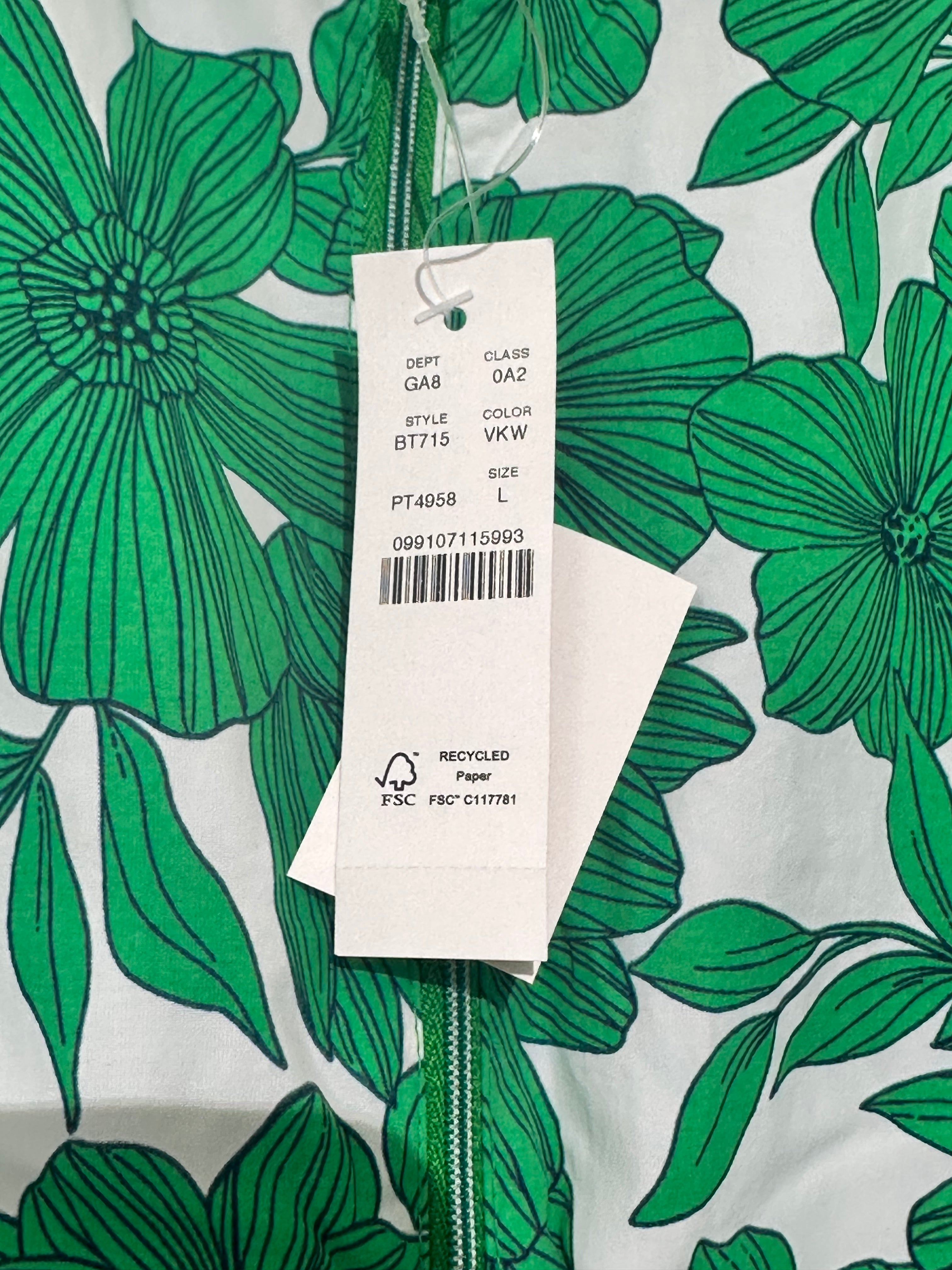 J. Crew Green & White floral Hooded Jacket Large (NWT)
