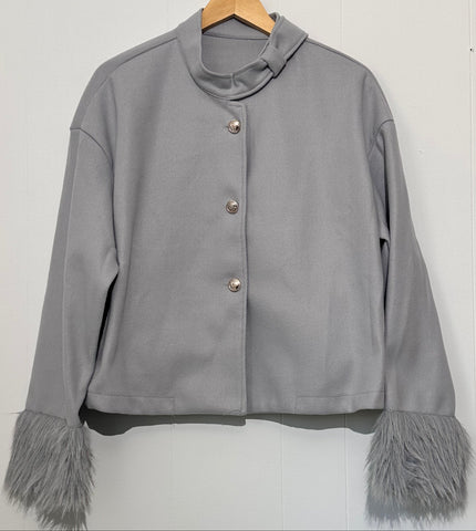 SHEIN Women's Gray Cropped Jacket With Faux Fur Sleeves XL