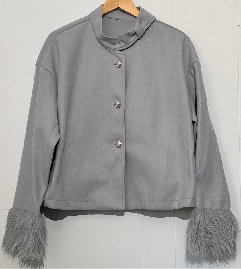 SHEIN Women's Gray Cropped Jacket With Faux Fur Sleeves XL