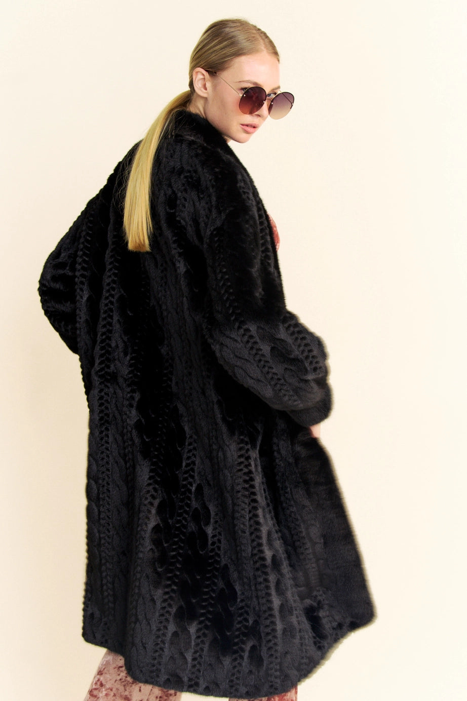 Black Embossed Single Breasted Fur Coat