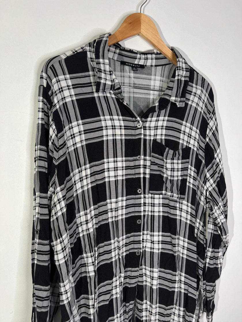 MISS LILI Black & White Plaid Flannel Button-Down Shirt Dress - Size 3XL