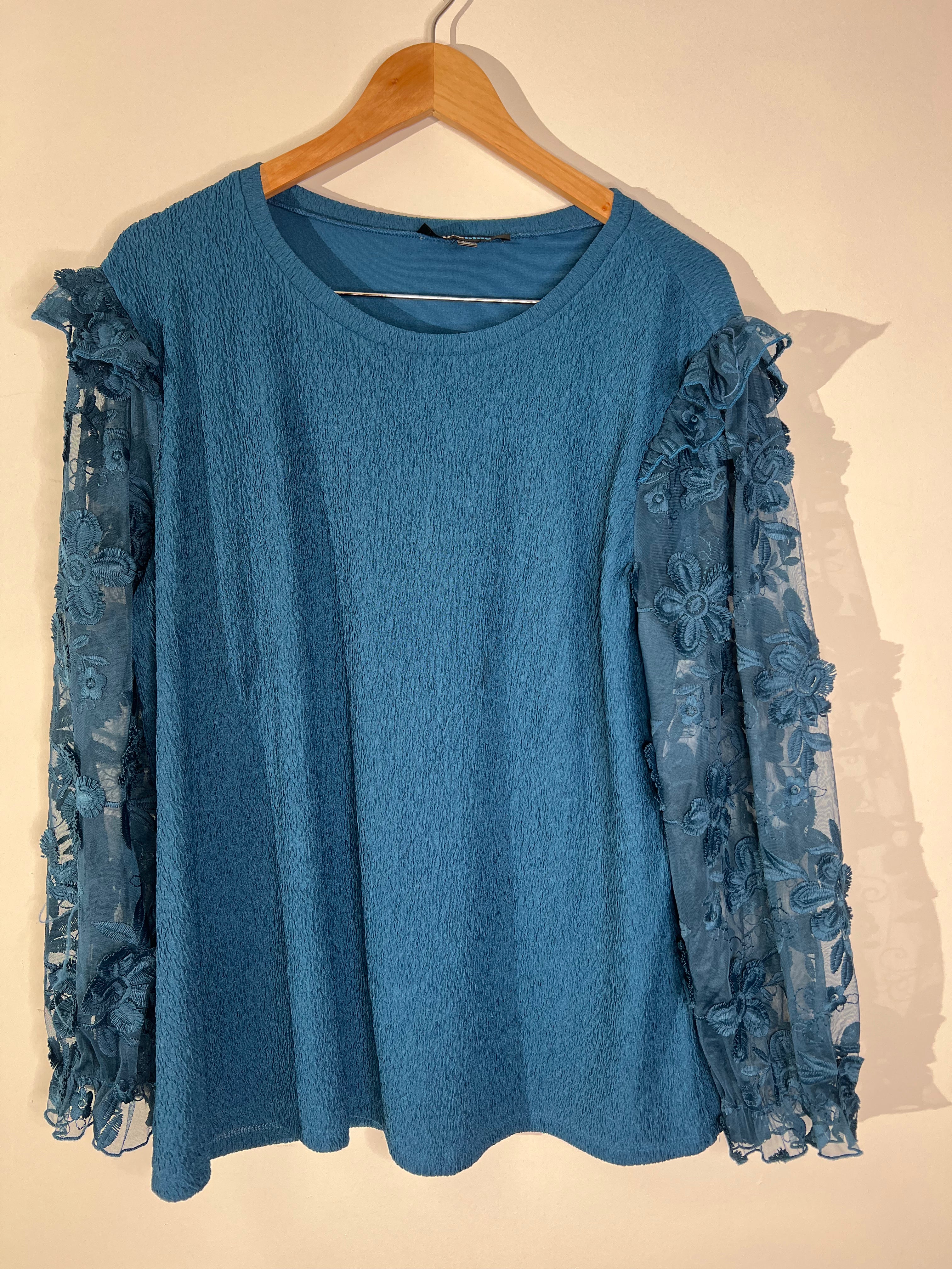 Alice & Blue Teal Blue Textured Blouse with Sheer Floral Appliqué Sleeves - Size 3XL