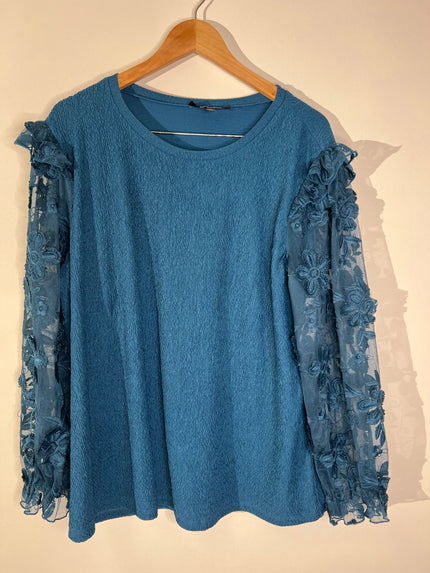 Alice & Blue Teal Blue Textured Blouse with Sheer Floral Appliqué Sleeves - Size 3XL