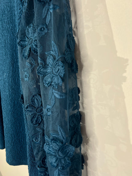Alice & Blue Teal Blue Textured Blouse with Sheer Floral Appliqué Sleeves - Size 3XL