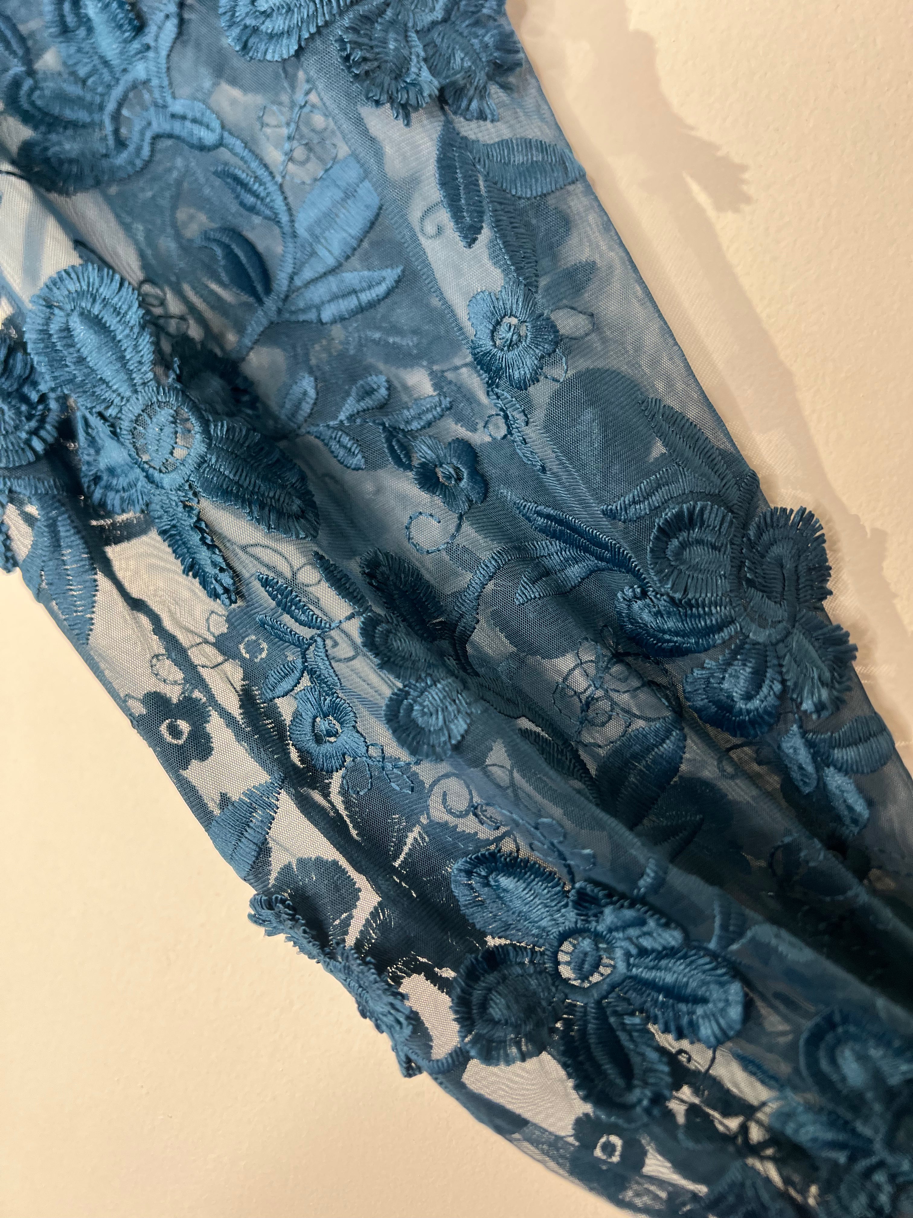 Alice & Blue Teal Blue Textured Blouse with Sheer Floral Appliqué Sleeves - Size 3XL