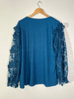 Alice & Blue Teal Blue Textured Blouse with Sheer Floral Appliqué Sleeves - Size 3XL