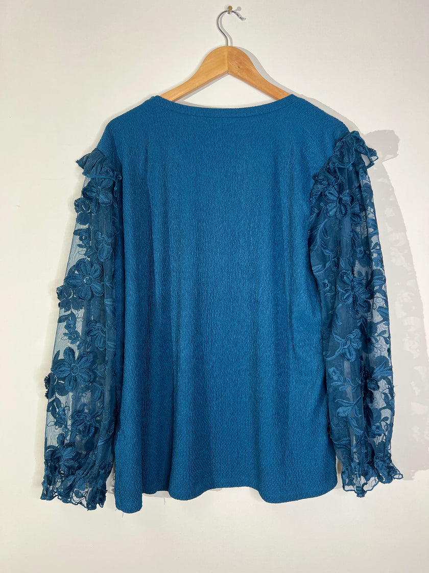 Alice & Blue Teal Blue Textured Blouse with Sheer Floral Appliqué Sleeves - Size 3XL