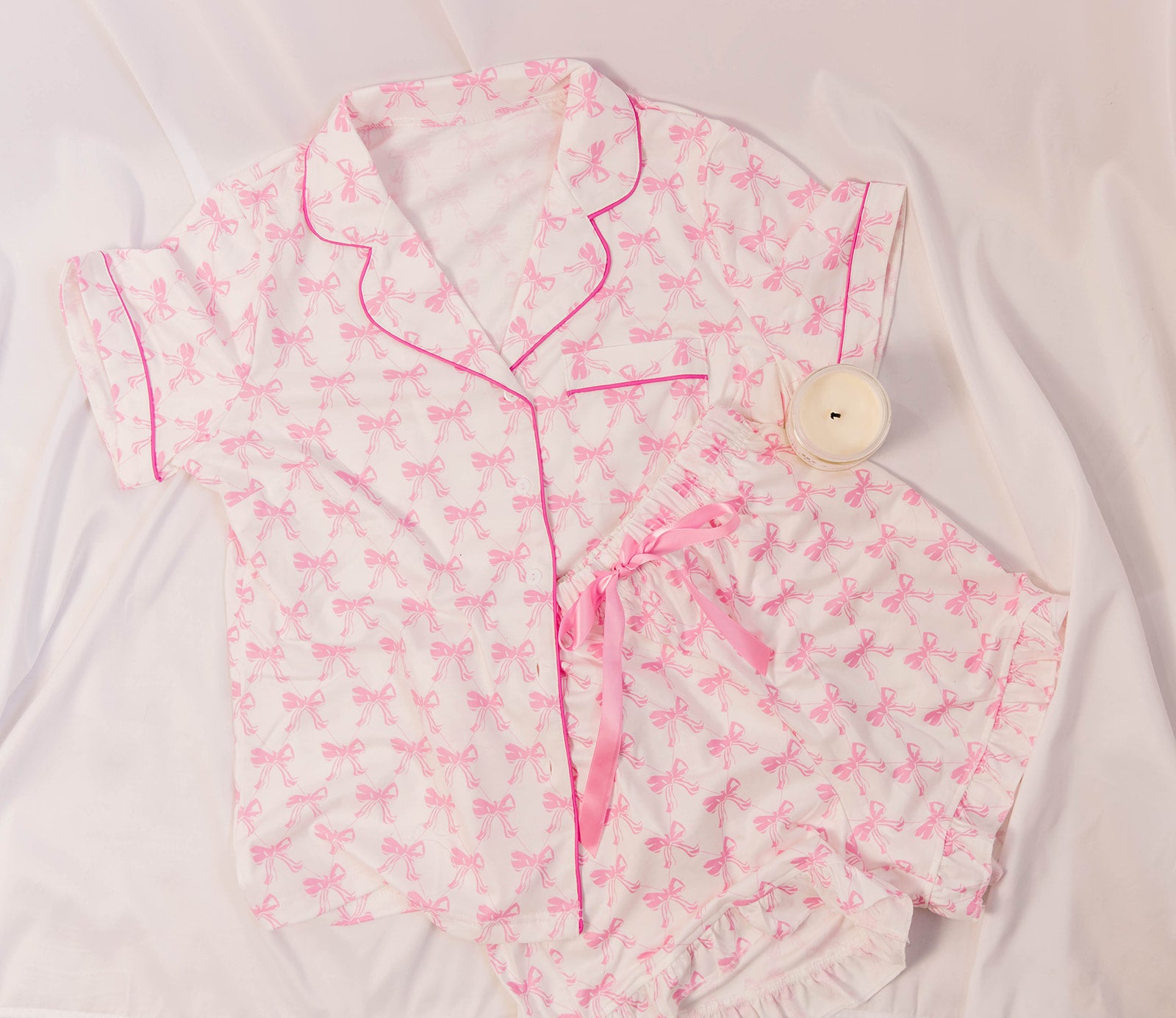 Short Sleeve and Ruffled Shorts Pajama Set