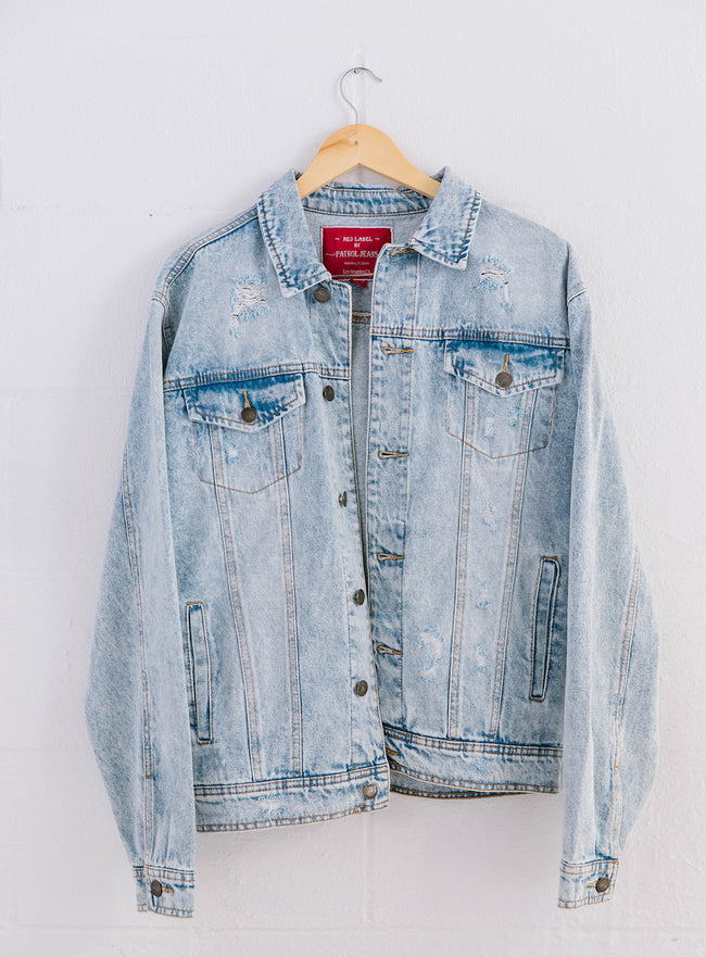 Men's Denim LIGHT WASHED Jacket with Distressing