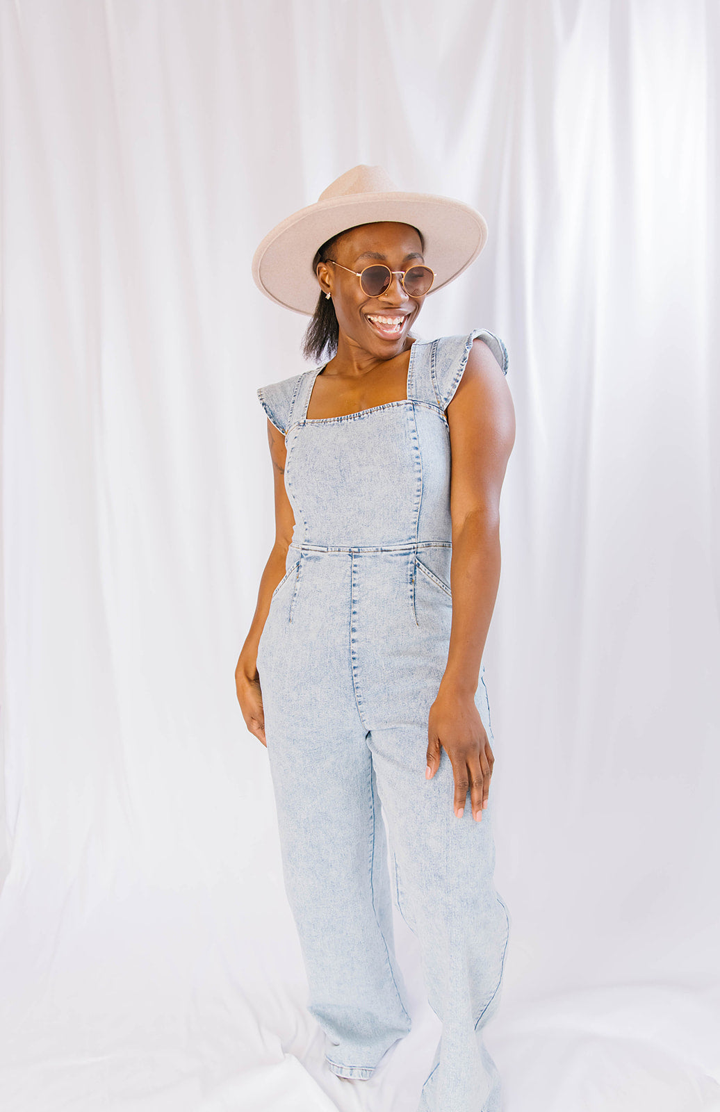 Denim Jumpsuit with Ruffled Sleeves