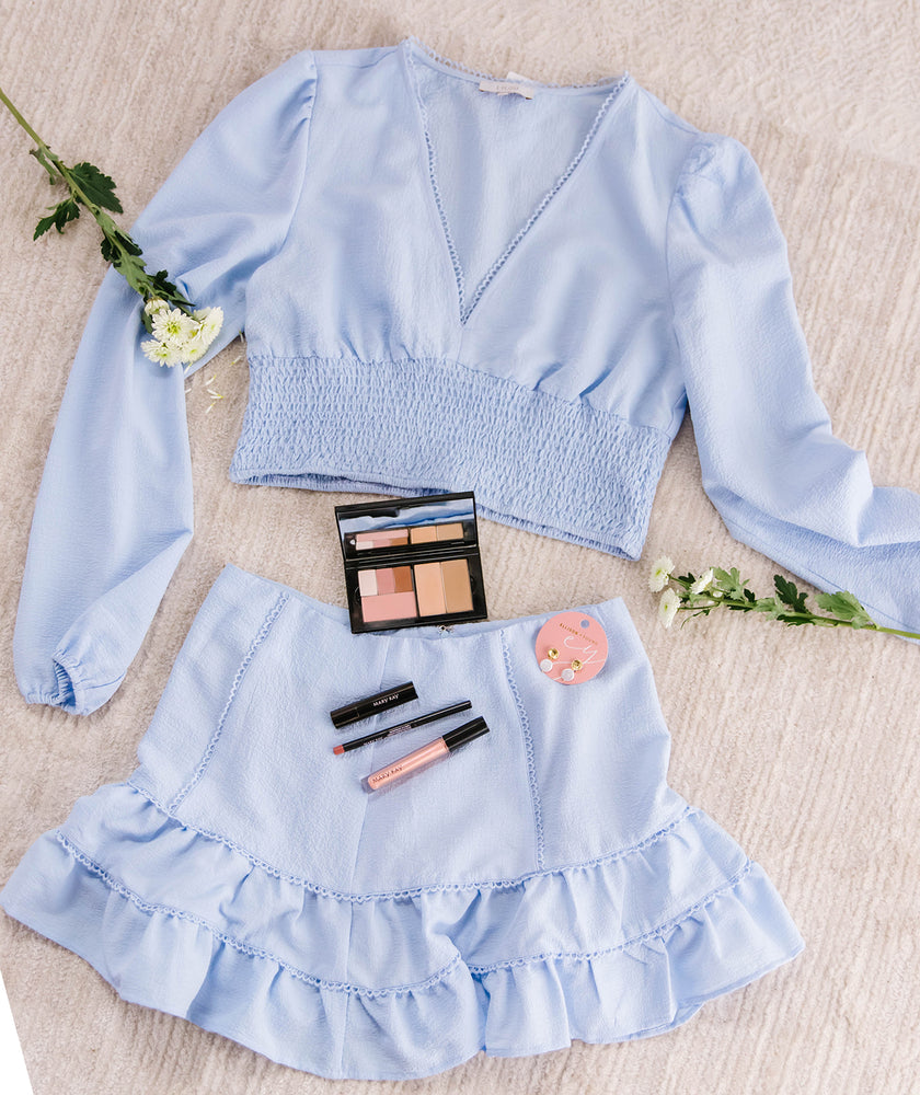 Lace Trimmed Smocking Blouse and Skirt Set