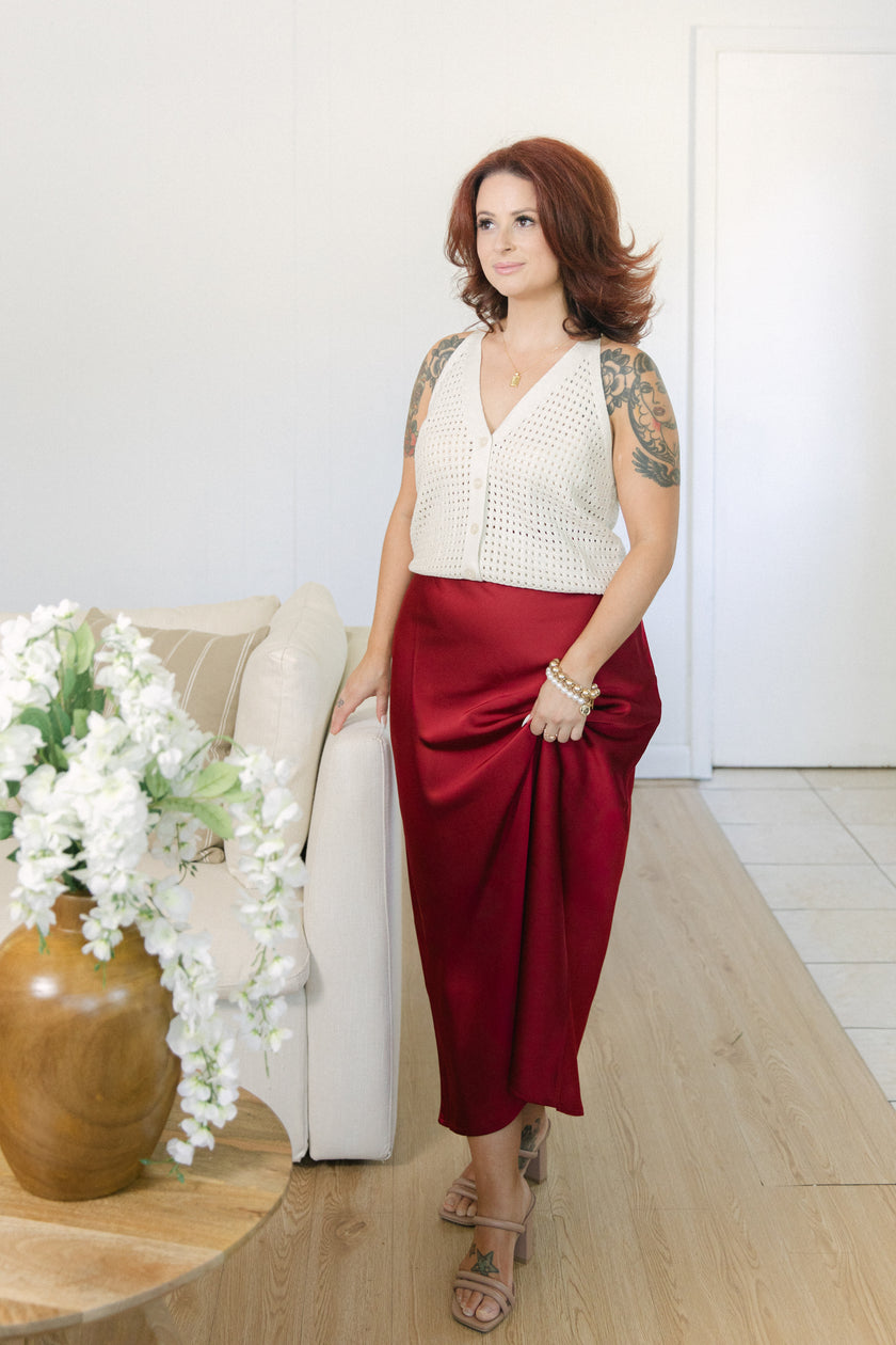 High Waisted Merlot Bias Midi Skirt
