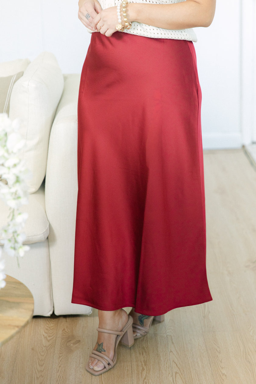 High Waisted Merlot Bias Midi Skirt